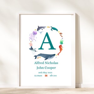 Under the sea personalised print, sea themed nursery, gift for new parents