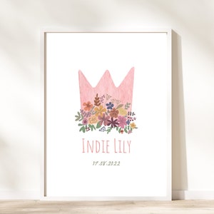 Gift for baby girl, personalised print, princess crown, princess themed nursery, wild flowers print for childs room, girls name print floral