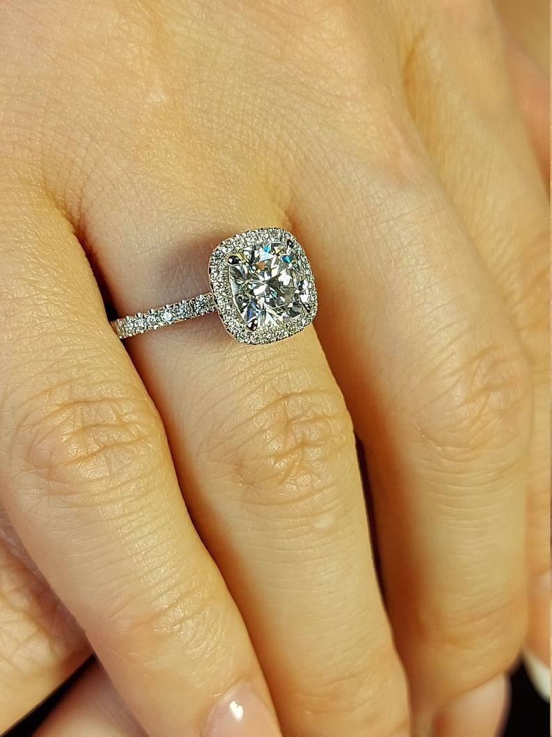 2 Carat Cushion cut Halo Forever Moissanite Engagement Ring Etsy