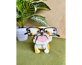 Hand-Painted Bulldog Eyeglass Holder: Maple & Birch Wood Stand