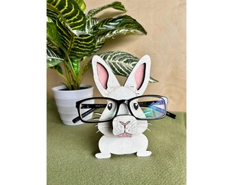 Hand-Painted Bunny Eyeglass Holder: Maple & Birch Plywood Animal Stand