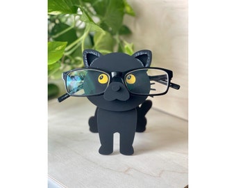 Hand Painted Black Cat Eyeglass Holder: Desk Decor, Cat Lover Gift