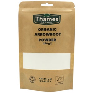 May include: A brown paper bag with a white label that says "Thames Organic Organic Arrowroot Powder 250g e". The bag has a green and white label that says "Soil Association Organic Premium Quality EU Organic Agriculture".