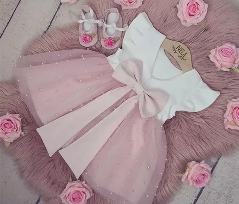 Baby Toddler Girls Tutu Dress Pink & White Ruffled Sleeve Pearl Detailed Tulle Bowknot Dress!  FREE SHIPPING! 