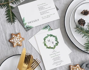 Evergreen Winter Wedding Package, Invite, RSVP, and Details Card Printable Templates