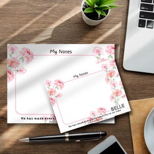 May include: Two white note cards with pink floral borders. The top card has the text "My Notes" and the bottom card has the text "My Notes" and the quote "He has made everything beautiful in its time, Ecclesiastes 3:11". The bottom card also has the word "BELLE" in a decorative font.
