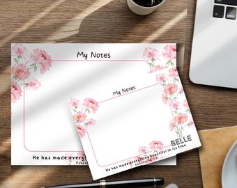 May include: Two white note cards with pink floral borders. The top card has the text "My Notes" and the bottom card has the text "My Notes" and the quote "He has made everything beautiful in its time, Ecclesiastes 3:11". The bottom card also has the word "BELLE" in a decorative font.
