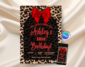 Cheetah Print Editable Birthday Invitation: Leopard Print Red and Black Coquette 50th Birthday Printable Editable Canva Template Any Age