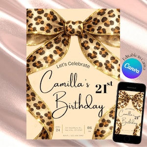 Invito di compleanno con fiocco e stampa ghepardo, invito leopardato, modello Canva con nastro e stampa animalier