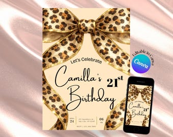 Cheetah Print Bow Birthday Invitation, Leopard Coquette Invite, Animal Print Ribbon Canva Template