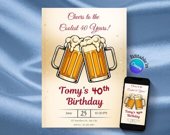 Retro Beer Birthday Party Invitation for Men, Editable Surprise Birthday Party for Him, Vintage Cheers Printable Invite 30th 40th 50th
