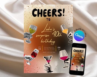 Editable Birthday Party Invite for Him, Retro Surprise Cocktail Birthday Invitation, Mans Birthday 21st 30th 50th Printable Canva Template