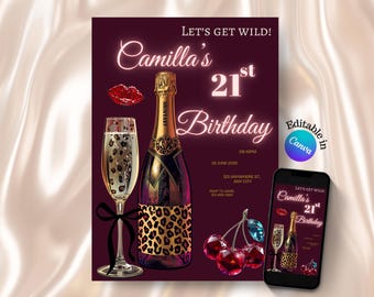 Cheetah Print Birthday Invitation, Red Cherries, Glam Party (Digital Download)