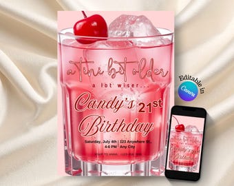 A Tini Bit Older Pink Invitation, Pink Cherry Cocktail Glam Birthday Invite, Dark Pink Invite, 21st Birthday 50th Birthday Invite