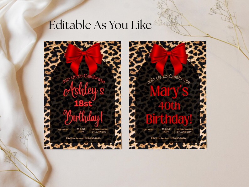 Leopard Print Birthday Invitation Bundle: Red Bow, Cheetah Print Red ...