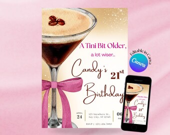 A Tini Bit Older Pink Invitation, Pink Bow Birthday Invitation, Cocktail Coquette Invite, 21st Birthday 50th Birthday Invite
