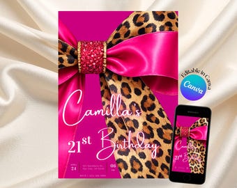 Cheetah Print Editable Birthday Invitation: Leopard Print Black Pink Coquette 50th 30th 21st Birthday Printable Editable Canva Template