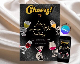 Editable Birthday Party Invite for Him, Black Retro Surprise Cocktail Birthday Invitation, Mans Birthday 21st 30th 50th Printable Template