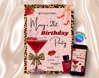 Leopard Print Birthday Invitation, Cocktail Party (Digital)