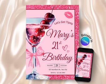 Pink Cherries Cocktail Birthday Invitation, Bachelorette Party (Canva Template)