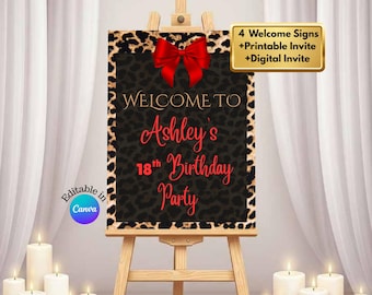 Leopard Print Birthday Invitation Bundle: Red Bow, Cheetah Print Red Welcome Signs Printable and Digital Invite (Canva Template)