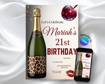 Leopard Print Birthday Invitation, Cherries, Cocktails (Digital Download)