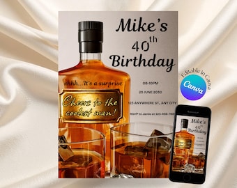 Whiskey Birthday Invitation, Scotch Lover Adult Men Birthday Invite , Surprise Party Adult, 30th 40th 50th Birthday Any Age Canva Editable