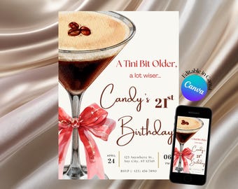 Tini Bit Older Red Bow Cocktail 21st 30th Birthday Invitation, Martini, Printable & Digital Included (Canva Editable Template Invite)