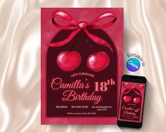 Red Cherry on Top Birthday Invitation, Pink Bow Coquette Invite 18th 21st Birthday (Digital)