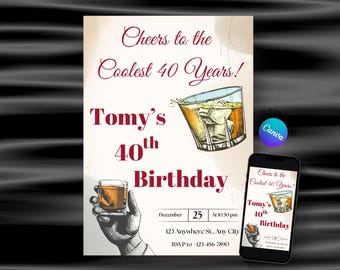 Whiskey Birthday Invitation, Retro Style Adult Men Birthday Invite , Surprise Party Adult, 30th 40th 50th Birthday Any Age Canva Editable