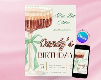 A Tini Bit Older Invitation, Green Bow Cocktail Birthday Invite, 21st Birthday Invitation Template, Coquette 30th Birthday Invite