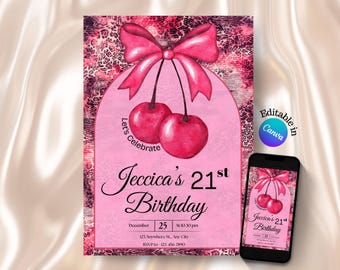 Pink Cheetah Print Cherry on Top Birthday Invitation, Leopard Print Bow 18th Birthday Invite With (Digital)