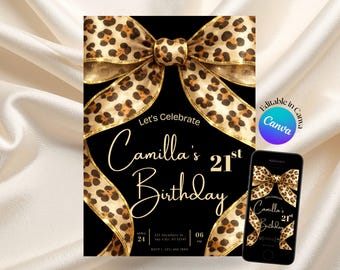 Cheetah Print Bow Birthday Invitation, Black Leopard Coquette Invite, Animal Print Ribbon Canva Template