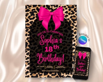Cheetah Print Editable Birthday Invitation: Leopard Print Black Pink Coquette 50th Birthday Printable Editable Canva Template