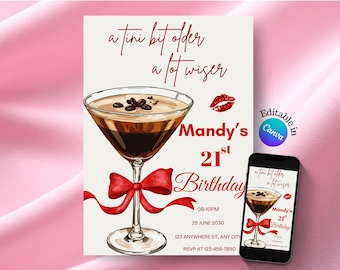 Red Bow Cocktail Birthday Invitation, Martini, Printable & Digital (Canva)