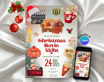 Peut inclure: Une invitation festive pour une soirée cinéma de Noël, avec un thème rouge et or. Le design comprend un bonnet de Père Noël, un clap de cinéma, un canapé et une tasse de chocolat chaud. L'invitation est modifiable dans Canva.