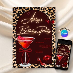 Könnte beinhalten: Digitale Einladung zu Ashleys Geburtstagsparty mit Cocktail, High Heel und Lippen. Die Einladung hat einen Leopardenmuster-Rahmen und den Text "Ashley's Birthday Party". Ein Telefon zeigt das gleiche Design. Bearbeitbar in Canva.