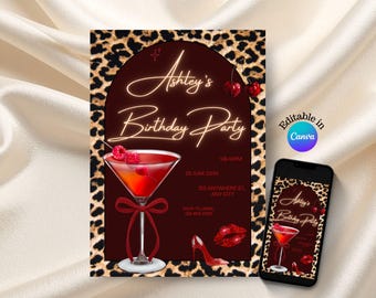 Cheetah Print Birthday Invitation, Leopard Print Red Bow Coquette Invite, Bachelorette Party, 21st Birthday 50th Birthday Canva Template