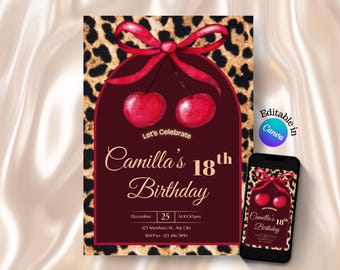 Cheetah Print Birthday Invitation, Cherry Bow, Editable Canva Template (Digital Download)