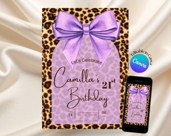 Purple Cheetah Print Birthday Invitation, Lavender Leopard Print Bow 21st Birthday Invite, Purple Coquette Invite (Canva Template)