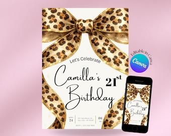 Cheetah Print Bow Birthday Invitation, Beige Leopard Coquette Invite, Animal Print Ribbon Canva Template