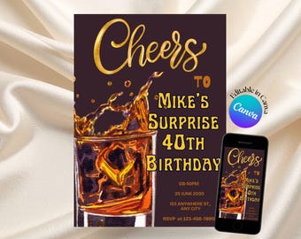 Whiskey Birthday Invitation, Retro Style Adult Men Birthday Invite , Surprise Party Adult, 30th 40th 50th Birthday Any Age Canva Editable