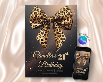 Cheetah Birthday Invitation: Black Leopard Coquette Print (Editable Canva Template)
