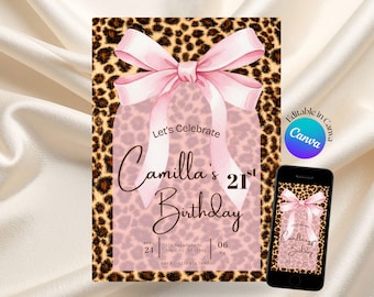 Pink Cheetah Print  Birthday Invitation, Leopard Print Bow 21st Animal Print Birthday Invite