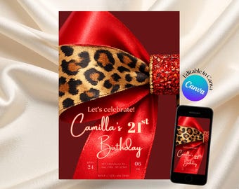 Cheetah Print Editable Birthday Invitation: Leopard Print Red and Black Coquette 50th Birthday Printable Editable Canva Template Any Age