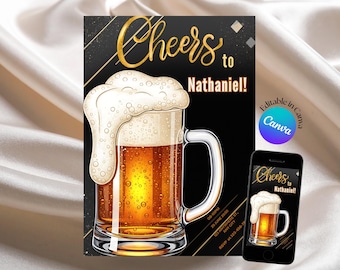 Beer Lover Birthday Invitation for Him, Editable Surprise Birthday Party, Vintage Cheers Invite 30th 40th 50th, Printable Canva Template
