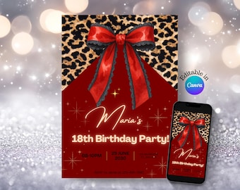 Leopard Print Birthday Invitation: Red Bow, Dark Academia (Digital Download)
