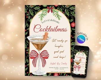 May include: A festive invitation for a "Cocktailmas" celebration, featuring a cocktail glass with a gingerbread man, a red bow, and holiday greenery. The invitation is also displayed on a smartphone.
