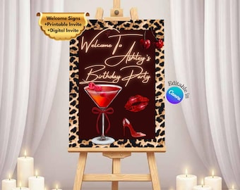 Cheetah Print Printable Bundle Leopard Print Birthday Invitation Welcome Signs Invite Bundle: Red Bow, Cherry (Canva Template)
