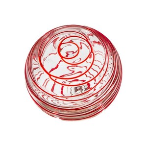 May include: A clear glass bowl with a red spiral design. The bowl is round and has a series of red lines that create a spiral pattern on the inside. The bowl is likely used for serving or display.
